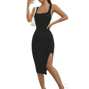Knitted Square Neck Slit Dress