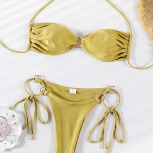 Bikini Set Shiny Swimsuit Bandage Beachwear Thong