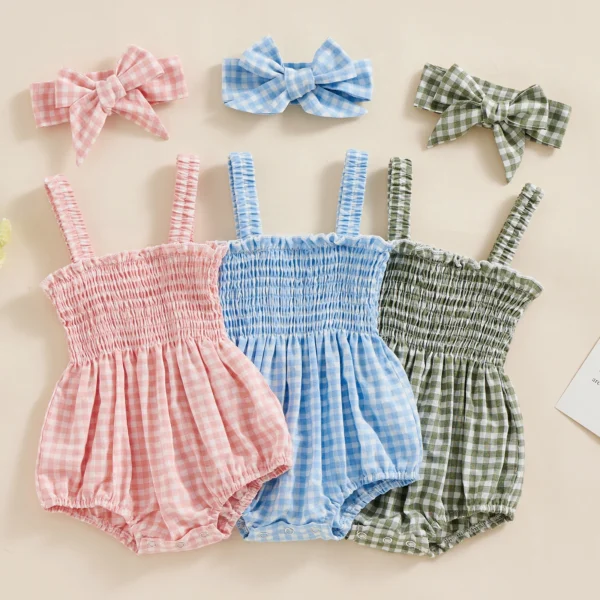 Sleeveless Frill Smocked Strap Romper with Headband Set - Image 2