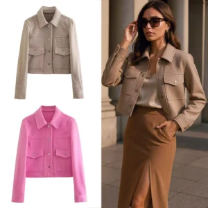 TRAFZA Women Vintage Solid Coat Front Pocket Long Sleeve Turn-Down Collar