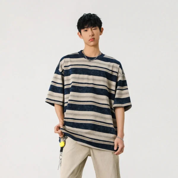 Mens Striped Short Sleeve Tshirt Cotton Loose Fit Breathable - Image 2