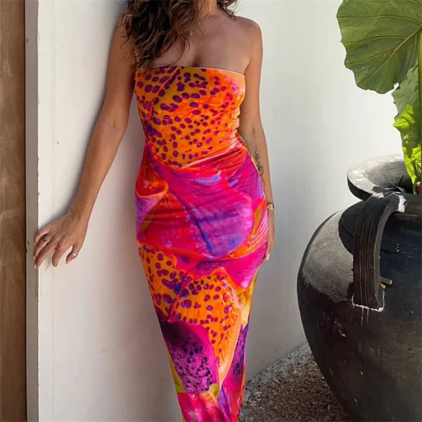 Puloru Sexy Leopard Print Strapless Backless Long Tube Dress - Image 2