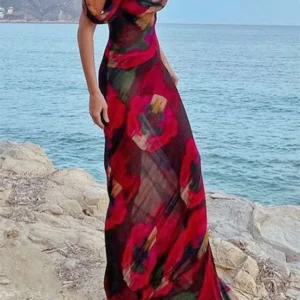 Print Mesh Off Shoulder Spaghetti Strap Pleated Long Dress