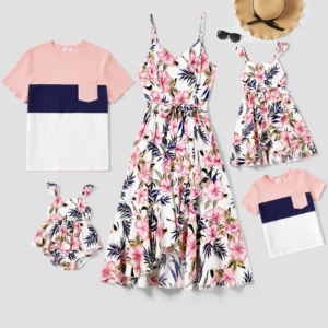 Family Matching Floral Wrap Bottom Strap Dress