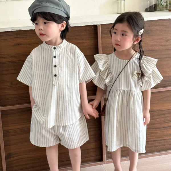 Brother Sister Clothes Short Sleeve Stripes Baby Boy's Suit - Image 2