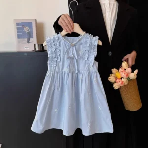 Girls Blue Bow Embroidery Dress  Sleeveless Casual Clothes