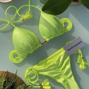 Women's Bikini New Special Fabric Solid Color Rope Swimsuit Multicolor