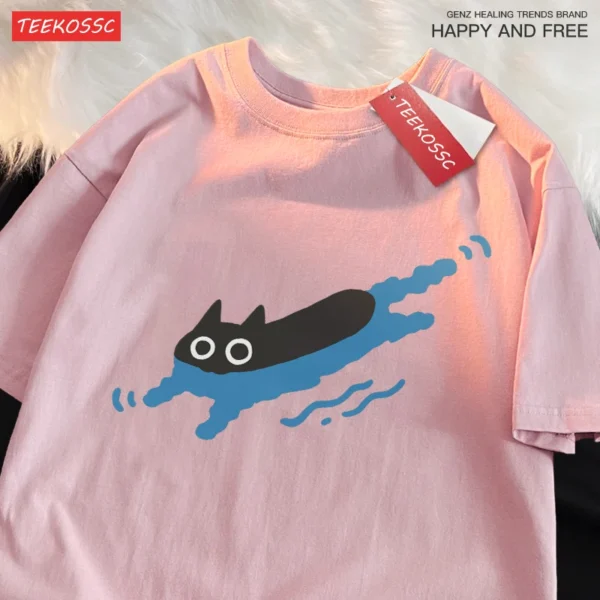 Couple Tees Swimming Black Cat Diving Shoulder Short Sleeved T-shirt - Image 4