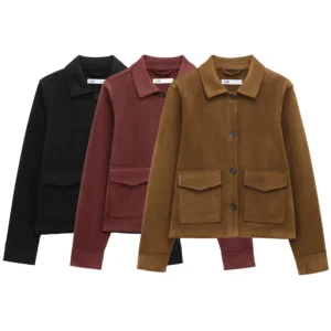 TRAF Women's Suede Texture Jacket Fashion Long Sleeve