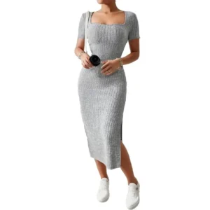 Square Neck Knitted Slit Hip-Hugging Mid-Length Dress