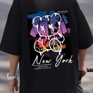 New York Art Word Cartoon Bear Sunset Scenery Design T Shirts Men