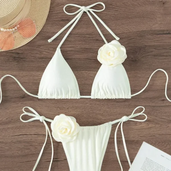 S - L Sexy 3D Flowers Halter Strappy Bikini Women Swimwear - Image 2