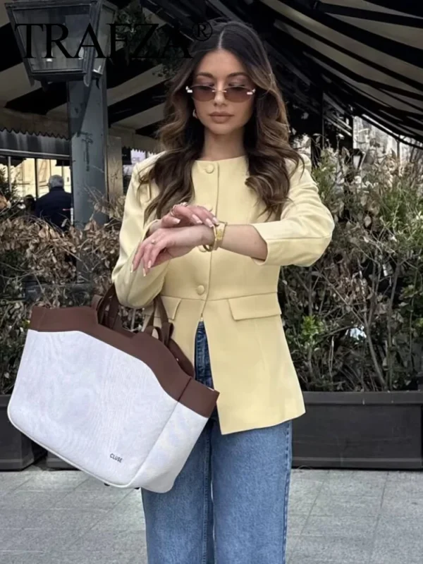 TRAFZA 2025 Elegant Women's Yellow Slim Blazer Jacket - Image 3