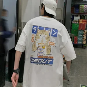 Harajuku Cat Cartoon Eating Noodles Graphic Men