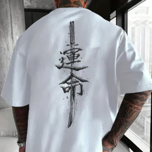 Japanese samurai sword pattern printed round neck short sleeved T-shirt