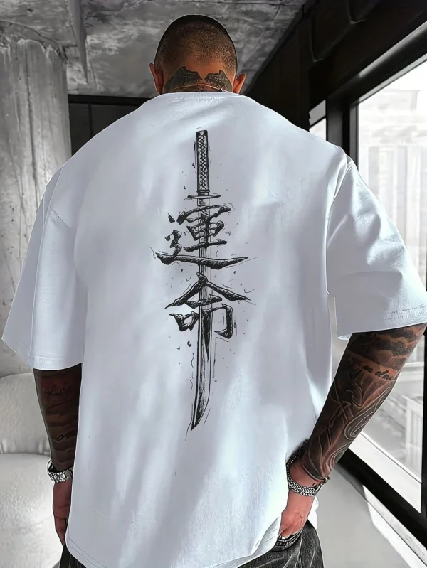 Japanese samurai sword pattern printed round neck short sleeved T-shirt