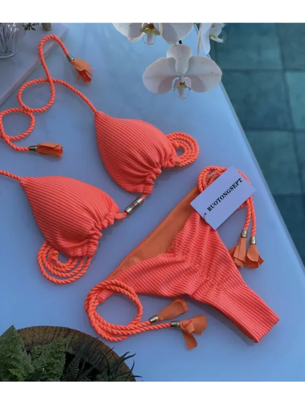 Women's Bikini New Special Fabric Solid Color Rope Swimsuit Multicolor - Image 2