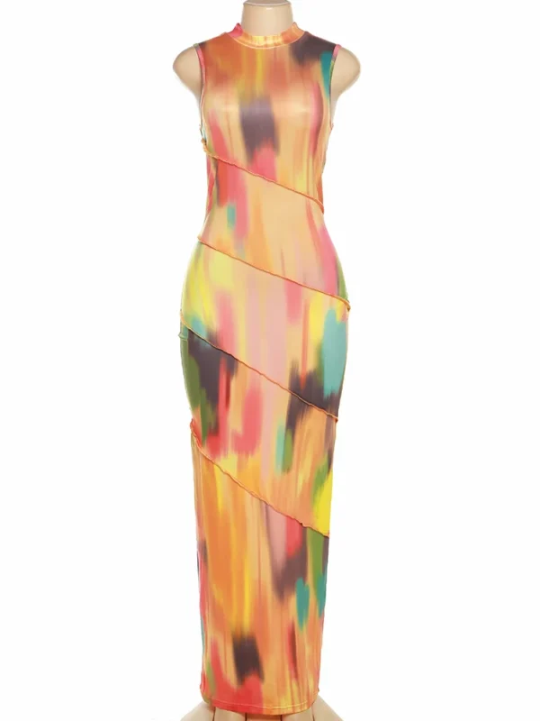 Weird Puss Colorful Print Patchwork Sleeveless Bodycon Dress - Image 6