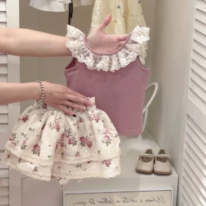 Children Girls Clothes Set Cotton Lace Spliced Vest Tops