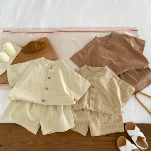 Boys Girls Suit Cotton Checkered Baby Short Shirt