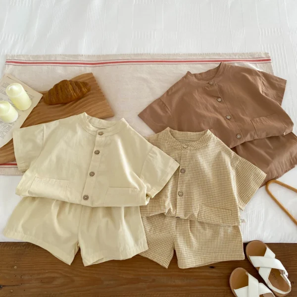 Boys Girls Suit Cotton Checkered Baby Short Shirt