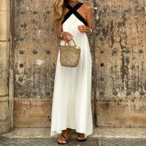 Cotton-Linen Halter Maxi Dress