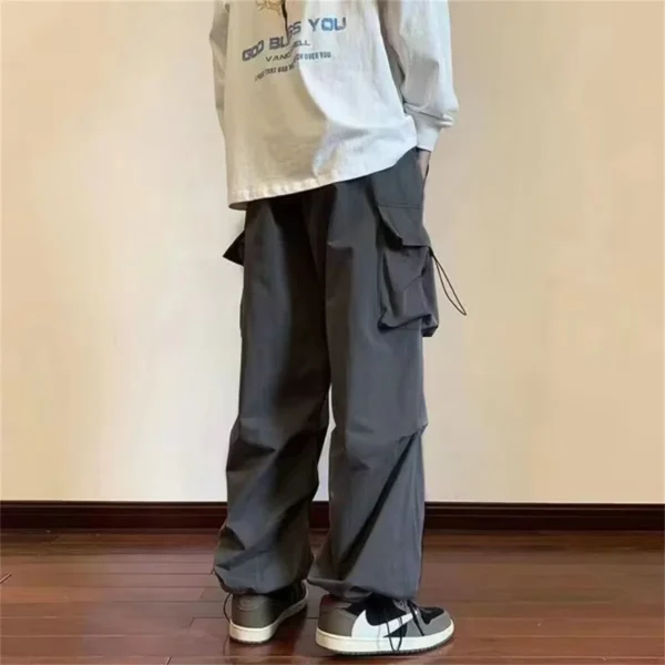 Men Elastic Waist Solid Color Cargo Pants Multi Pocket Loose Baggy - Image 4