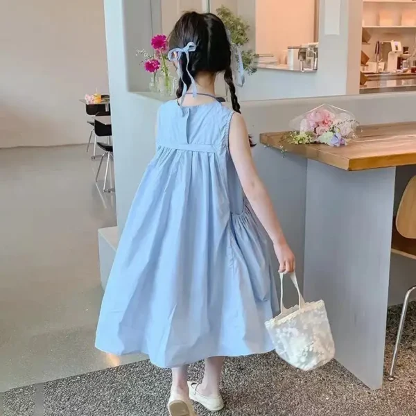 Children Dress Solid Ruched Sleeveless  Girls Dress - Image 2