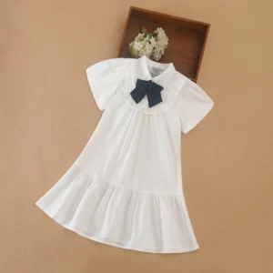 Girls' Dress with Navy Bow 100% Cotton Short Sleeve