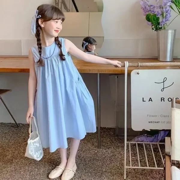 Children Dress Solid Ruched Sleeveless  Girls Dress - Image 3