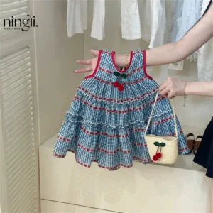 sweet blue plaid sleeveless dress for girls, cherry vest dress
