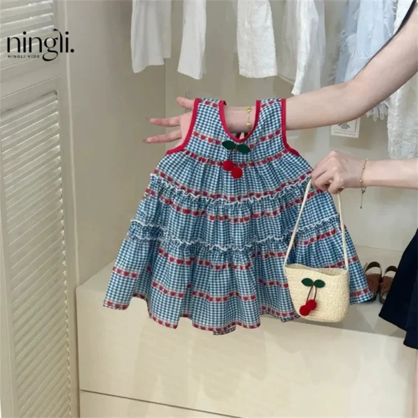 sweet blue plaid sleeveless dress for girls, cherry vest dress