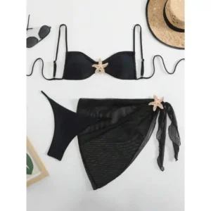 Pure Color Women's Bikini Swimsuit Three-piece Set