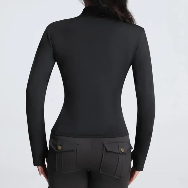 Women's Black Slim Full Zipper Long Sleeved Coat - Image 3