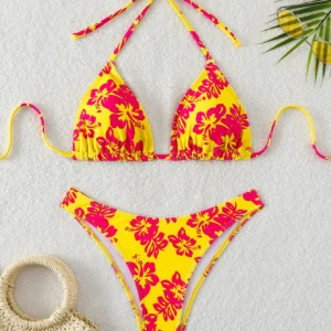 Summer retro floral print 2-piece bikini lace up