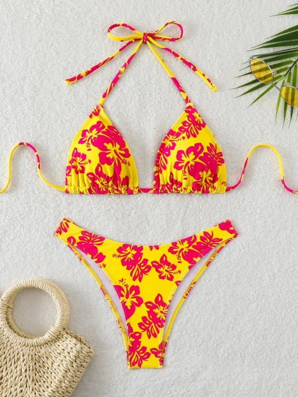 Summer retro floral print 2-piece bikini lace up