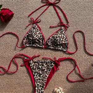 Red Leopard Bikinis Bowknot String Backless Swimsuit