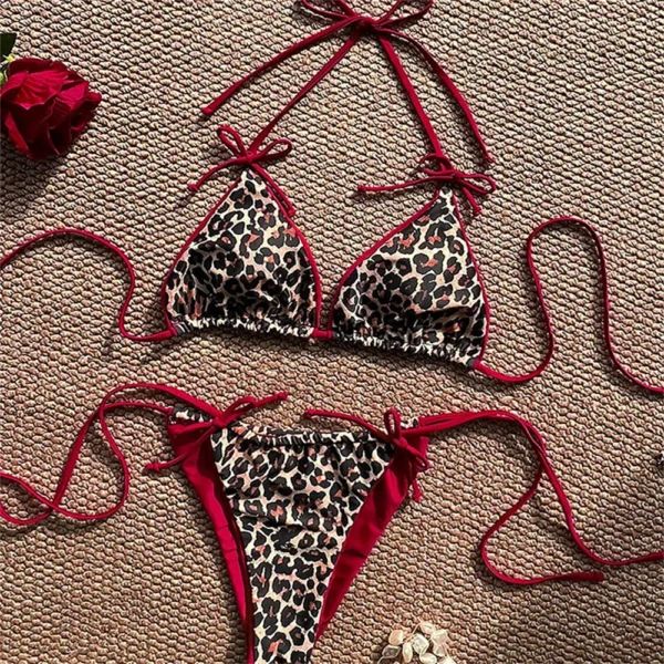 Red Leopard Bikinis Bowknot String Backless Swimsuit
