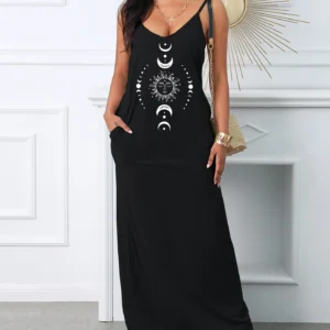 Sun Moon Planet Print V-Neck Suspender Sexy Dress