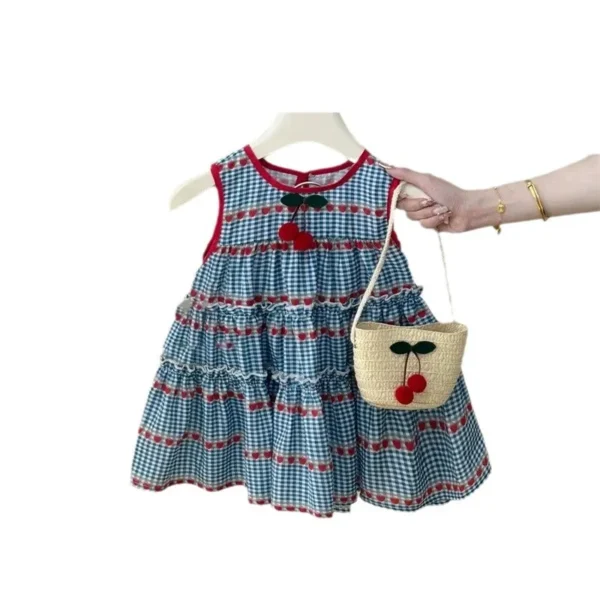 sweet blue plaid sleeveless dress for girls, cherry vest dress - Image 2