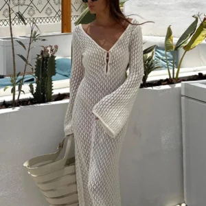 Sexy Women White Long Knit Sleeve Bikin Fashion