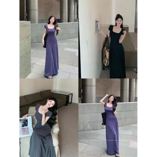 Elegant French Square Collar Waist-Fitted Long Dress - Image 2
