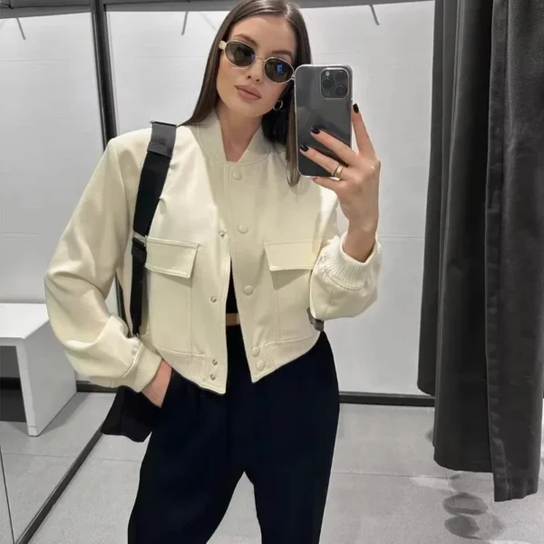1PCS Woman Bomber Jacket Coat White Autumn Winter - Image 4