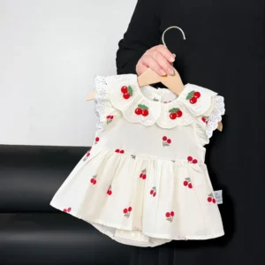 Baby Girl Cherry  Dress Newborn Thin Pure Cotton Lace Collar