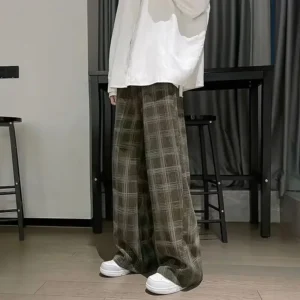 Trendy Corduroy Plaid Men's Pants Sweatpants Straight Leg Versatile