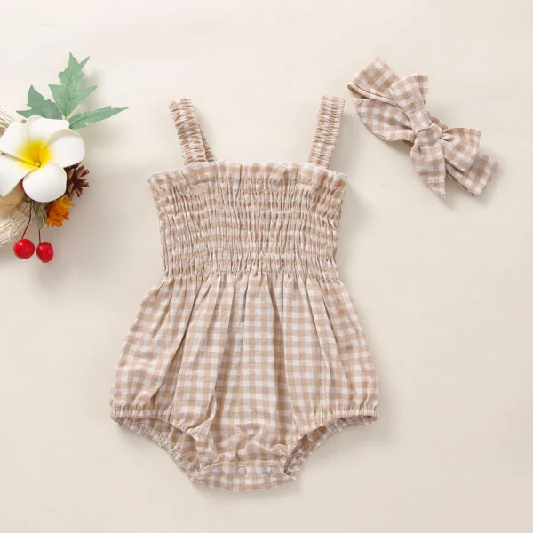 Sleeveless Frill Smocked Strap Romper with Headband Set - Image 5