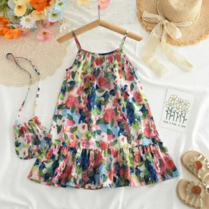 Summer Fashion 3-7 Years Girl Print Dresses with A Bag