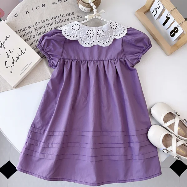 Girls Summer Dress Lace Collar Puff Sleeved  Children Clothes - Image 2