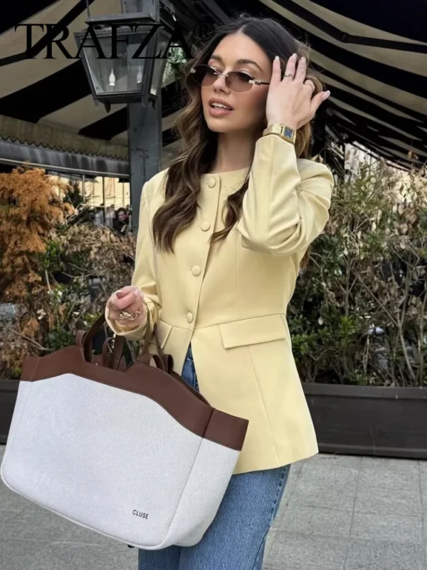 TRAFZA 2025 Elegant Women's Yellow Slim Blazer Jacket
