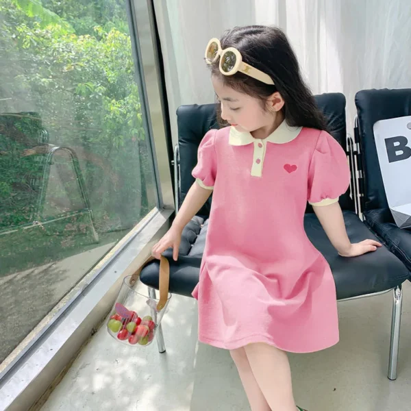 Girl's Korean Edition love Bubble Sleeves Flip Collar Dress